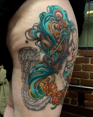 this is a tattoo of a virgo goddess done in color in an art nouveau style by amanda marie female tattooer tattoo artist in san pedro los angeles california at ace of wands tattoo private tattoo studio it is a sacred space for spiritual healing tranformati