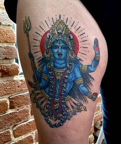 this is a tattoo done in color of the Hindu goddess Kali the divine mother spiritual and sacred done by Amanda Marie Female tattoo artist and tarot reader in Los Angeles California at her private studio ace of wands tattoo