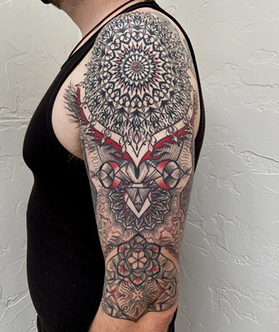 this is a tarot inspired tower tattoo done by Amanda Marie witch mystic tarot reader tattoo artist at her private studio ace of wands tattoo in los angeles California 