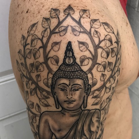 this is a detail shot of a spiritual buddha tattoo done by Amanda Marie owner and female tattooer at ace of wands private tattoo studio in San Pedro California Los Angeles