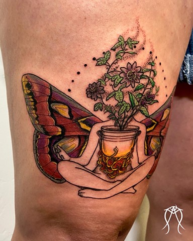 This is a visual spell magick pagan sacred spiritual tattoo created inspired by plant meditation it is floral and ornamental by female tattoo artist Amanda Marie in her private tattoo studio in ithaca New York upstate New York she is trauma informed and l