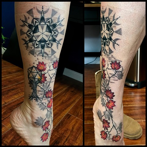 This is a magick tattoo done my amanda marie female tattoo artist in los angeles california san pedro california it is geometric has a mandala and uses the four elements to guide towards spirit it is spiritual and sacred 
