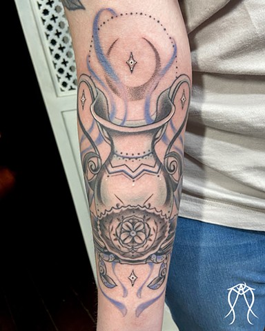 This is a mother and child family astrology tattoo done by female tattoo artist and witch Amanda Marie at her private studio ace of wands tattoo magick tattoo black and grey with hints of color cancer Aquarius tattoo 