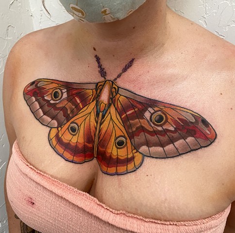 Intuitive Tattoo Art by Female New York Tattoo Artist Amanda Marie Of a full color moth lighting the way in darkness seeing the light within 