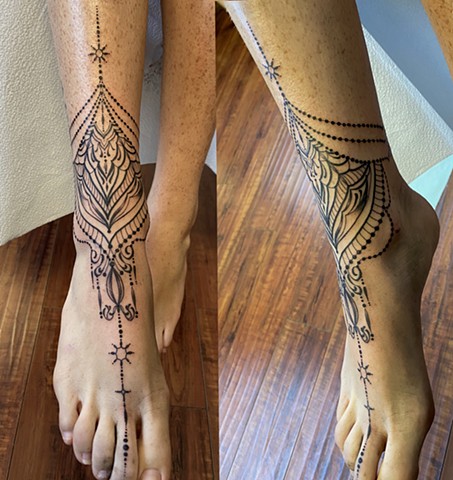 Intuitive Tattoo Art by Female New York Tattoo Artist Amanda Marie  this is a delicate ornamental anklet tattoo done by Amanda Marie tattoo artist and tarot reader in her private studio in Los Angeles California