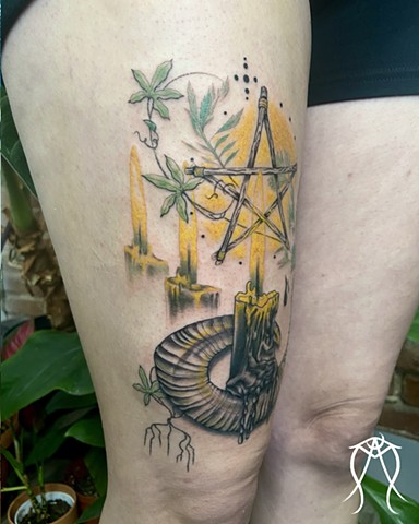 This is a tarot inspired tattoo created by female tattoo artist Amanda Marie at ace of wands tattoo in central New York it is a fine line tattoo fineline 