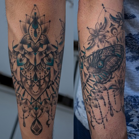 this is a tattoo done by amanda marie at evermore tattoo in los angeles california of a geometric mandala moth chandelier inspired design 