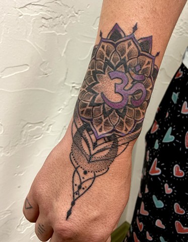 Intuitive Tattoo Art by Female New York Tattoo Artist Amanda Marie Of an ornamental cuff with moon detail and mandala design