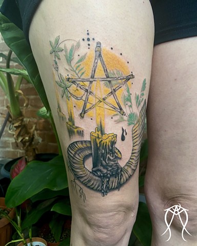 This is a tarot inspired tattoo created by female tattoo artist Amanda Marie at ace of wands tattoo in central New York it is a fine line tattoo fineline 