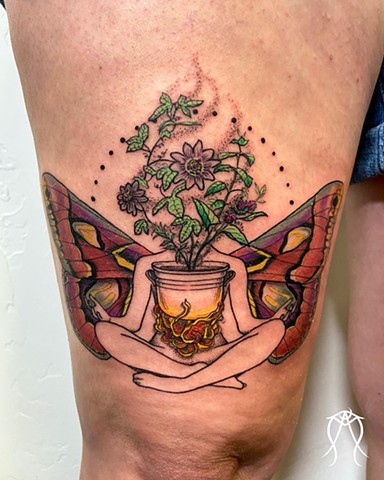 This tattoo is a visual spell created by Amanda Marie female tattoo artist and tarot reader in her private tattoo studio in upstate New York just outside of Ithaca she is also a green witch and this tattoo was inspired by plant mediation she is also traum