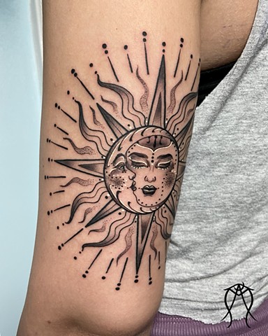 Sun moon magick pagan tattoo by Amanda Marie female tattoo and art witch located in New York near Ithaca private studio 
