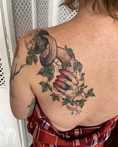 This is a magick tattoo inspired by a tarot reading done by Amanda Marie female tattoo artist and witch in central New York private tattoo studio pagan tattoos spiritual sacred tattoos