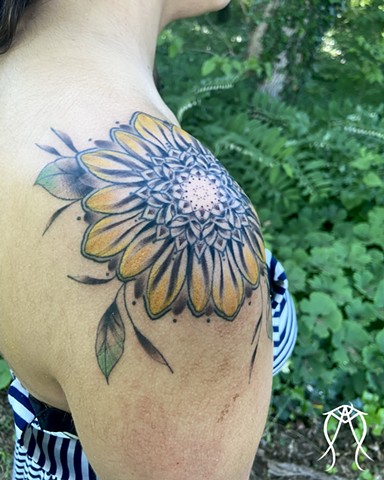 Sunflower mandala shoulder tattoo by Amanda Marie tattoo artist central New York 