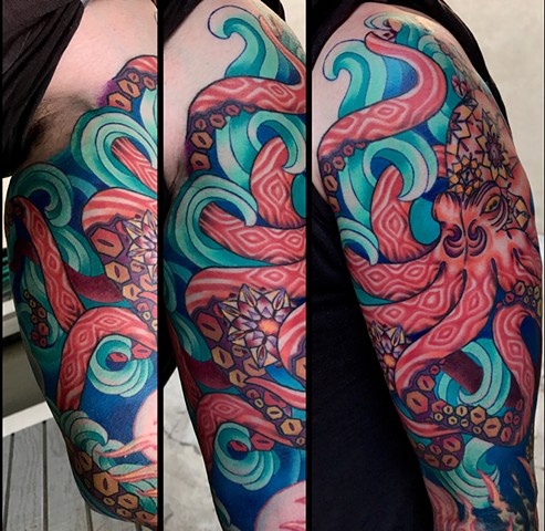this is a detail shot of the geometric mandala inspired octopus color tattoo done by Amanda Marie owner of ace of wands private tattoo studio in san pedro Los Angeles California 