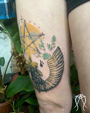 This is a tarot inspired tattoo created by female tattoo artist Amanda Marie at ace of wands tattoo in central New York it is a fine line tattoo fineline 