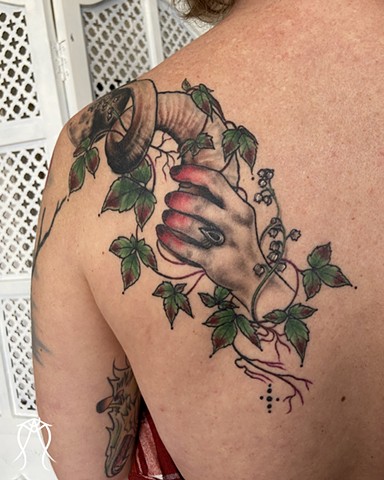 This is a magick tattoo inspired by a tarot reading done by Amanda Marie female tattoo artist and witch in central New York private tattoo studio pagan tattoos spiritual sacred tattoos 