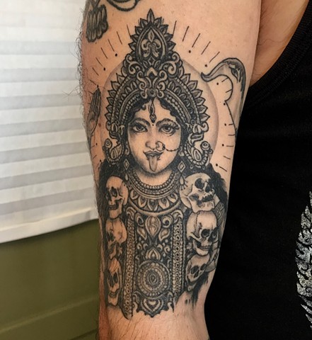 This is a tattoo of kali the divine mother of the universe fully healed and done in black and grey with lots of detail by amanda marie female tattoo artist in Los Angeles California in ace of wands in San Pedro private tattoo studio and sacred space 
