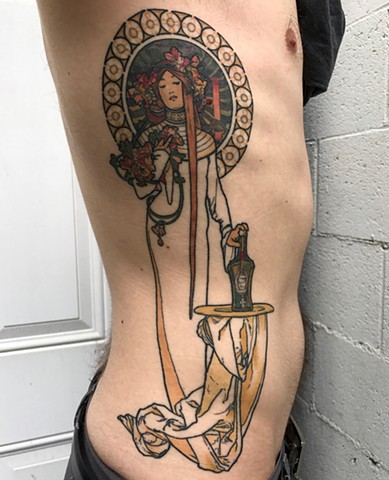 this is a reproduction of la trappistine by alphonse mucha tattoo done by amanda marie in los angeles california in Ace of wands private tattoo studio in San Pedro 
