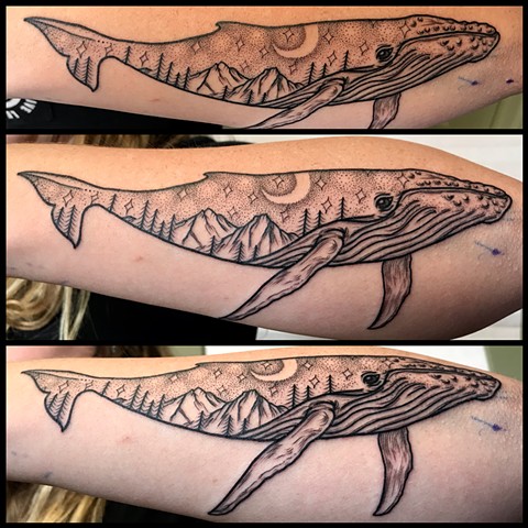 this is a whale spirit animal tattoo done by Amanda Marie at ace of wands tattoo in San Pedro Los Angeles California it is a black and grey black work tattoo that is spiritual and sacred done in a zen private studio that is a sacred space 