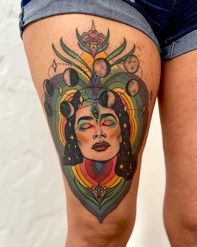 Intuitive Tattoo Art by Female New York Tattoo Artist Amanda Marie of a Sacred wild seeker goddess connected to her inner wisdom done in color 