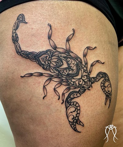 Intuitive Tattoo Art by Female New York Tattoo Artist Amanda Marie Of an ornamental scorpion to represent Scorpio astrological magick tattoo