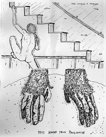 sketchbook drawing pen and ink bigfoot sasquatch Gigantopithecus Blacki nude climbing a staircase