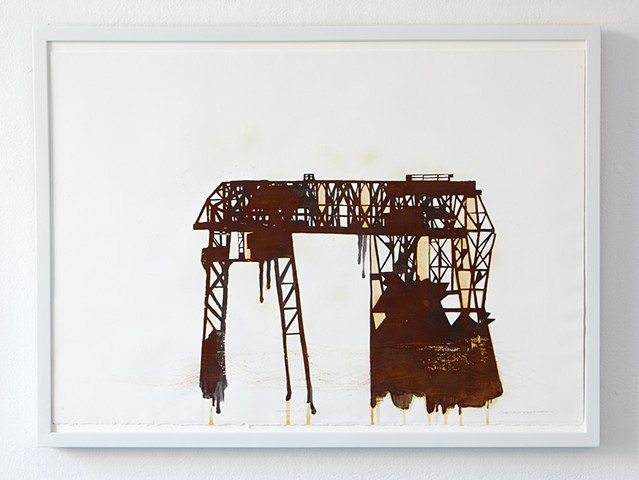 Screenprint with iron-based ink and rust patina on rag paper based on Carrie Furnace of Carnegie Steel Homestead Works in Homestead, PA, screenprint by Crystala Armagost