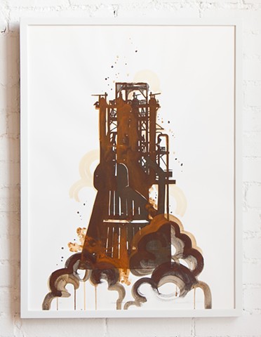 Screenprint with iron-based ink and rust patina on rag paper based on Carrie Furnace of Carnegie Steel Homestead Works in Homestead, PA, screenprint by Crystala Armagost