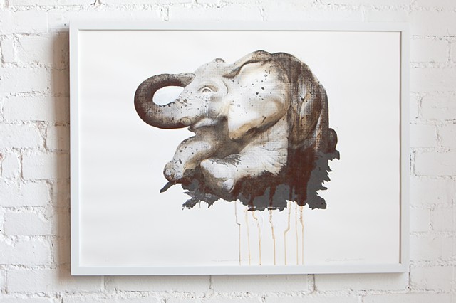 Screen print with iron and rust patina on rag paper of an elephant statue located in a playground in Homestead, PA, screenprint by Crystala Armagost