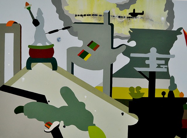 Video game sources (Call of Duty: Modern Warfare 3) feed this abstract painting