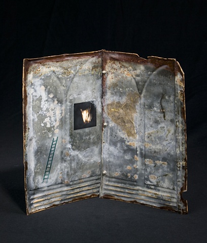 Mixed Media encaustic painted book sculpture on metal by Brandy Eiger with ladder and photograph