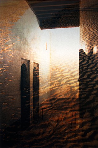 Photomontage collage photograph infused onto shimmery aluminum metal of mystical doorways and flowing sand pattern by Brandy Eiger Mixed Media artist