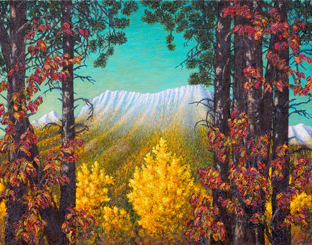 A painting of early winter snow on the top of Fernie Mountain, with blazing autumn / fall reds, rusts and yellows in the valley.