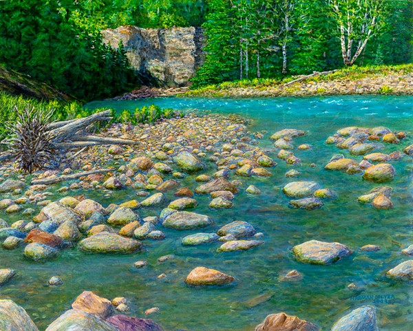 Painting of the Bull River in summer north of Fernie, B.C. in Rocky Mountains
