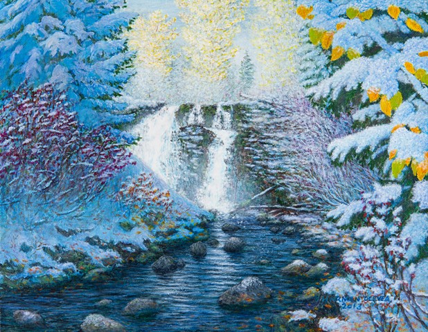Painting, Fairy Creek Falls, waterfalls, Fernie B.C. snow, Rocky Moutains,