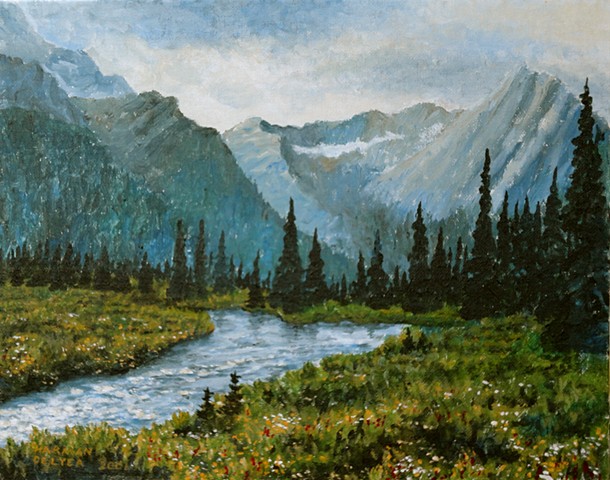 A painting of the Elk River winding through a mountain meadow, near the source of the river in Elk Lakes Provincial Park in south-eastern B.C.