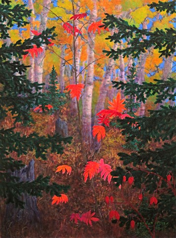A painting of crimson red Mountain Ash and golden Birch in a forest near Fernie, B.C. 