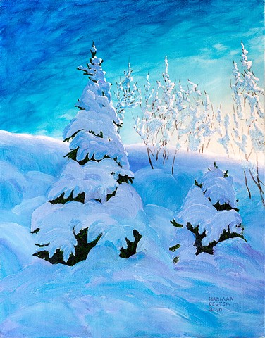A painting of the low winter sun lighting up a heavy snowfall in Fernie, B.C.