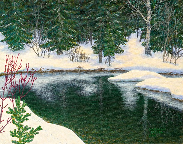 A painting of a still pond beside Lizard Creek in the Rocky Mountains, near Fernie, B.C.