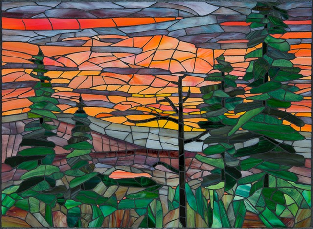 stained-glass mosaic mountain sunset