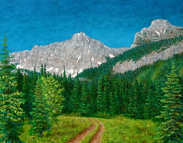Painting of an old logging road and Rocky Mountains in Hartley Lake Pass near Fernie, B.C.
