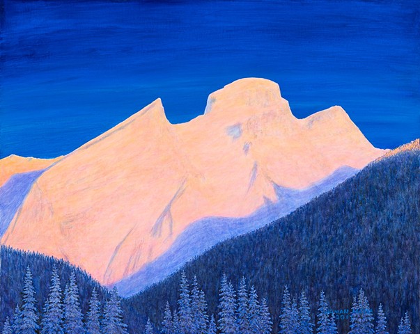 I see this mountain from my home and noticed how quickly the colours change on it as the sun rises. It is fleeting moment of mere seconds. This is my interpretation of those momentary colours on the face of the Three Sisters Mountain.