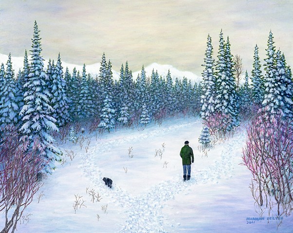 A painting of a man and a dog walking on snowy, winter trails beside Lizard Creek near Fernie B.C.
