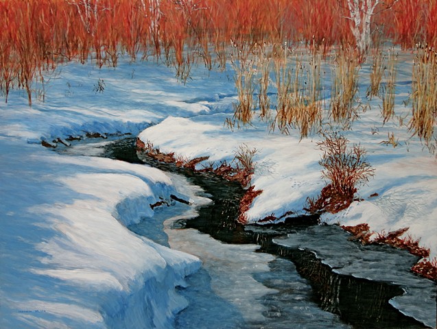 A painting of McDougall Creek which flows across Fernie Golf Course and through Maiden Lake to enter the Elk River, in Fernie, B.C.