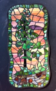 Stained-glass mosaic, sunset, pine tree, ponderosa pine