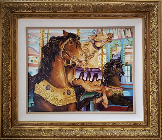 Oil painting of carousel horses