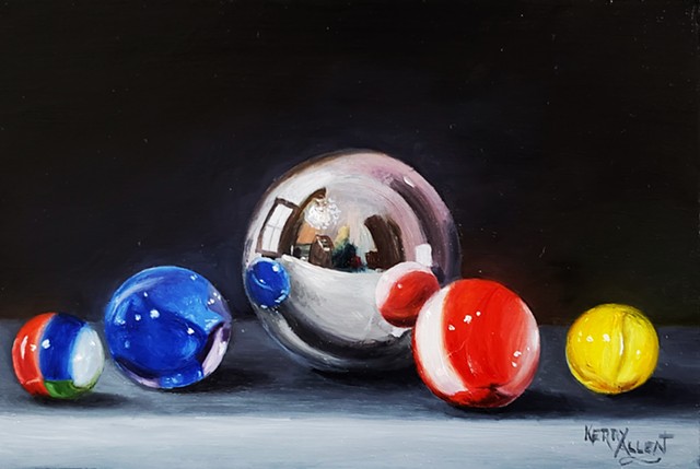 marbles, toys, still life, small paintings, realism