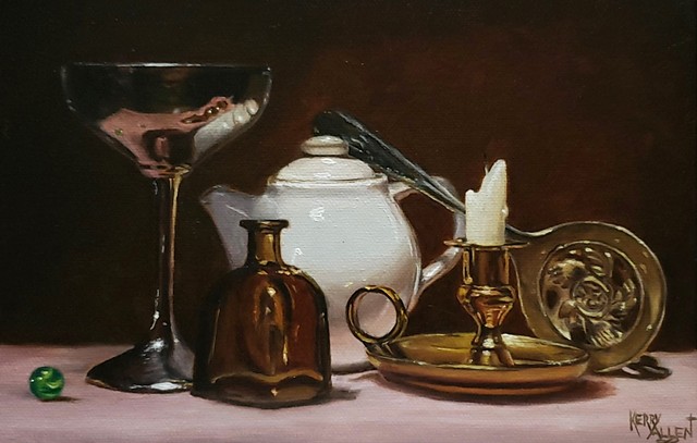 still life, simple objects, goblet, teapot, realism