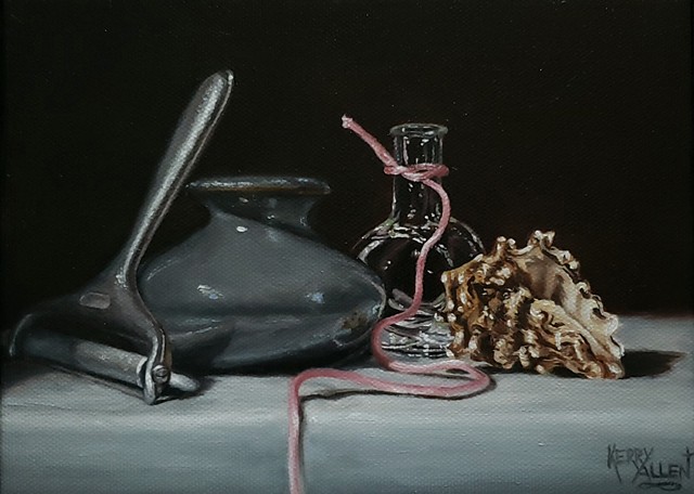 still life, simple objects, realism, cheese slicer, vase, seashell, oil painting