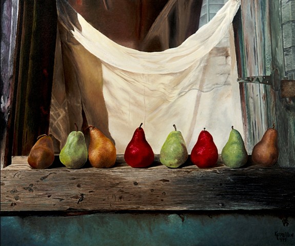 Pears, still life, fruit, window sill